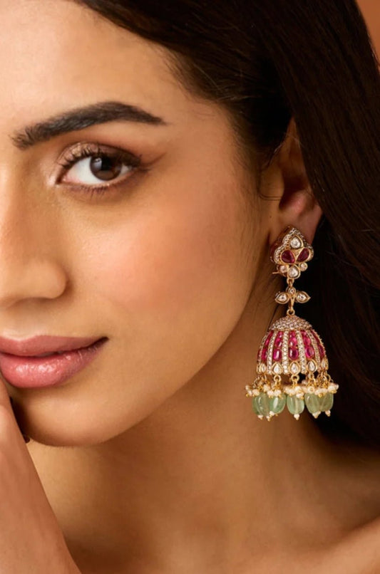 Handcrafted Kundan Jhumka Earrings | Traditional Gold Plated Jewelry with Pearls & Green Beads - Perfect for Weddings & Festivals - nsjewelscraft