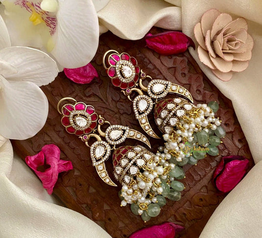 Polki Ruby Red & CZ Jhumka Earrings with Strawberry Beads & Pearl Drops - nsjewelscraft