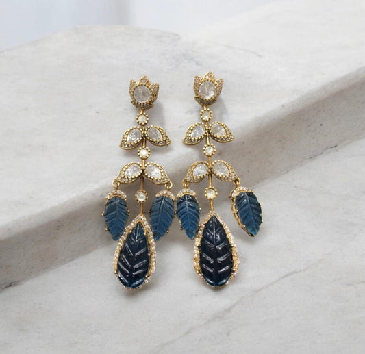 Polki & Blue Carved Stone Dangle Earrings | Gold Plated Long Drop Earrings | Luxury Party & Wedding Jewelry by NSJewelsCraft - nsjewelscraft