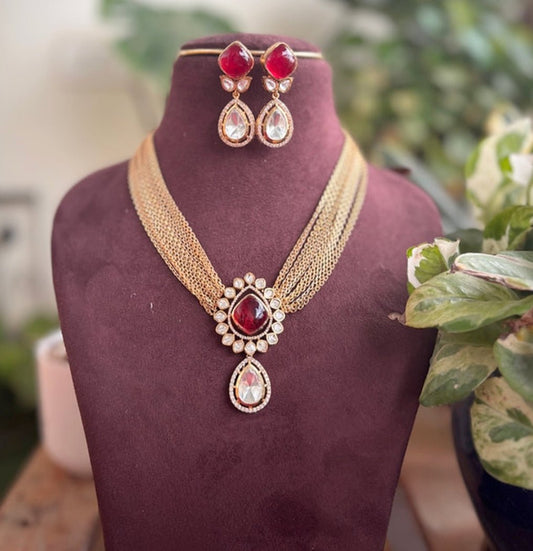 Polki & Red Stone Necklace Set Multi - Layer Chain with Earrings by NSJewelsCraft - nsjewelscraft