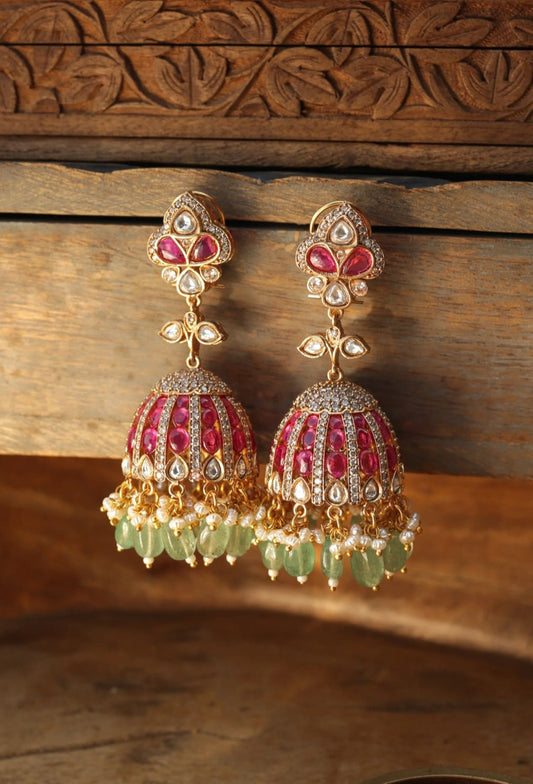 Handcrafted Kundan Jhumka Earrings | Traditional Gold Plated Jewelry with Pearls & Green Beads - Perfect for Weddings & Festivals - nsjewelscraft