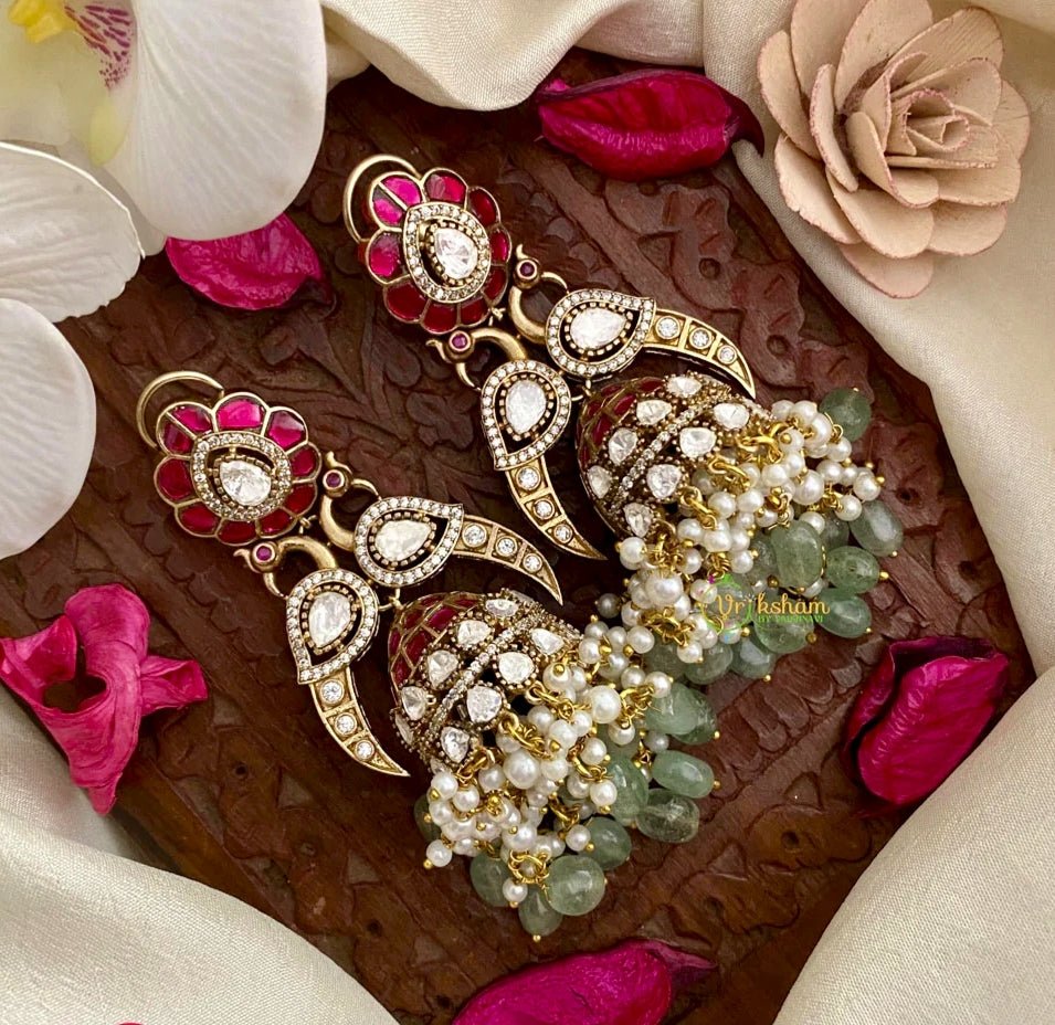 Polki Ruby Red & CZ Jhumka Earrings with Strawberry Beads & Pearl Drops - nsjewelscraft