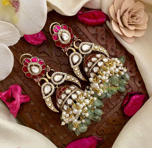 Polki Ruby Red & CZ Jhumka Earrings with Strawberry Beads & Pearl Drops - nsjewelscraft