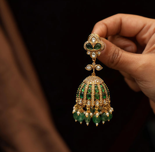 Royal Emerald & Kundan Gold - Plated Jhumka Earrings – Traditional Bridal Jewelry - nsjewelscraft