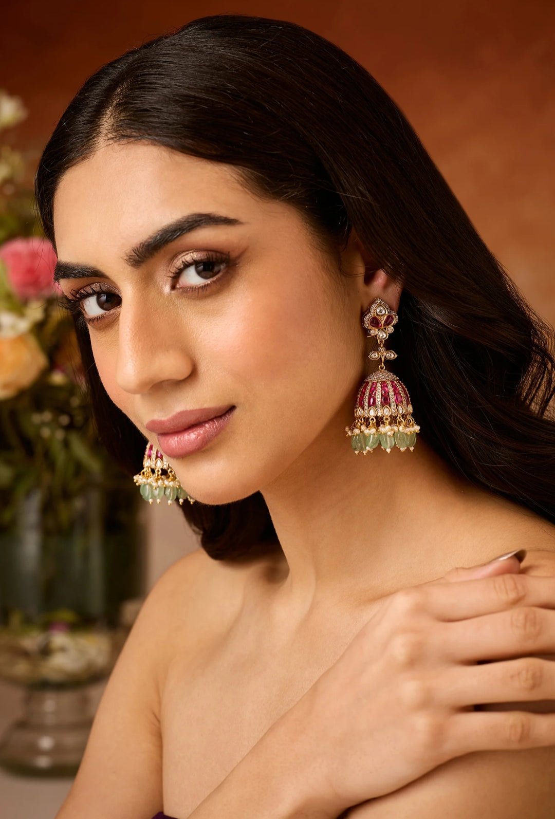 Handcrafted Kundan Jhumka Earrings | Traditional Gold Plated Jewelry with Pearls & Green Beads - Perfect for Weddings & Festivals - nsjewelscraft