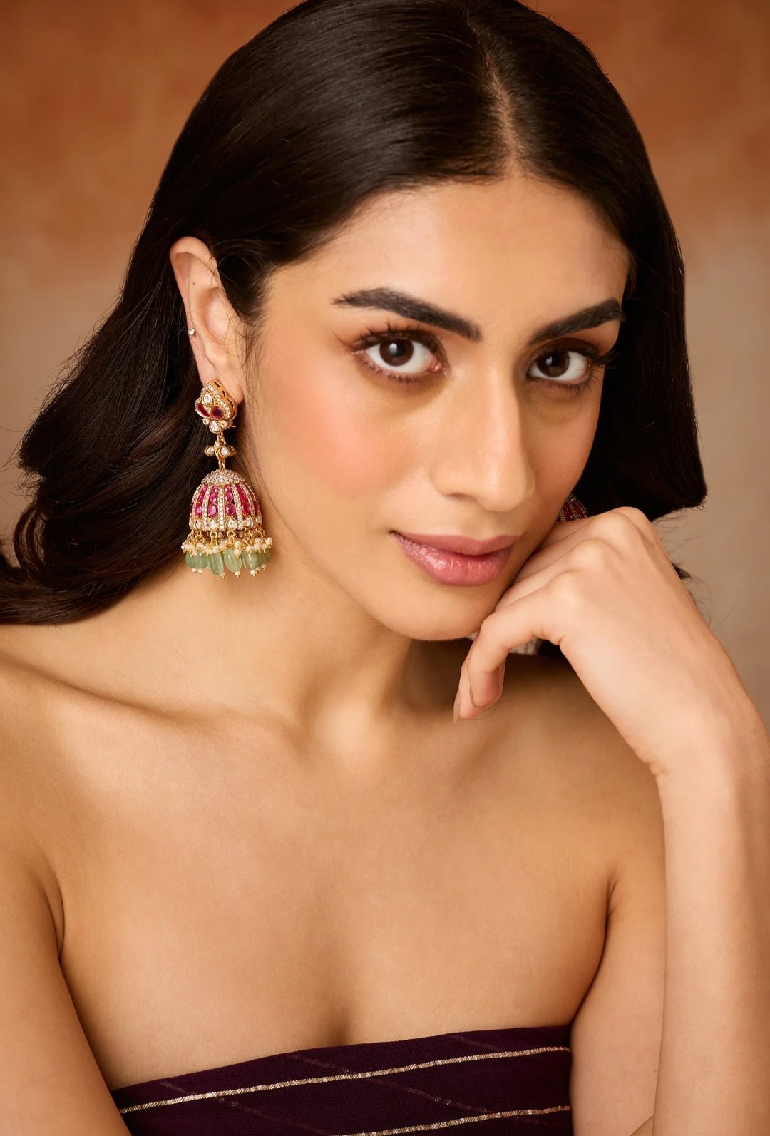 Handcrafted Kundan Jhumka Earrings | Traditional Gold Plated Jewelry with Pearls & Green Beads - Perfect for Weddings & Festivals - nsjewelscraft