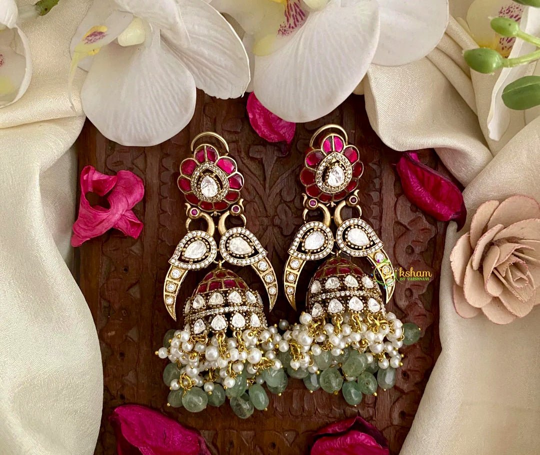 Polki Ruby Red & CZ Jhumka Earrings with Strawberry Beads & Pearl Drops - nsjewelscraft