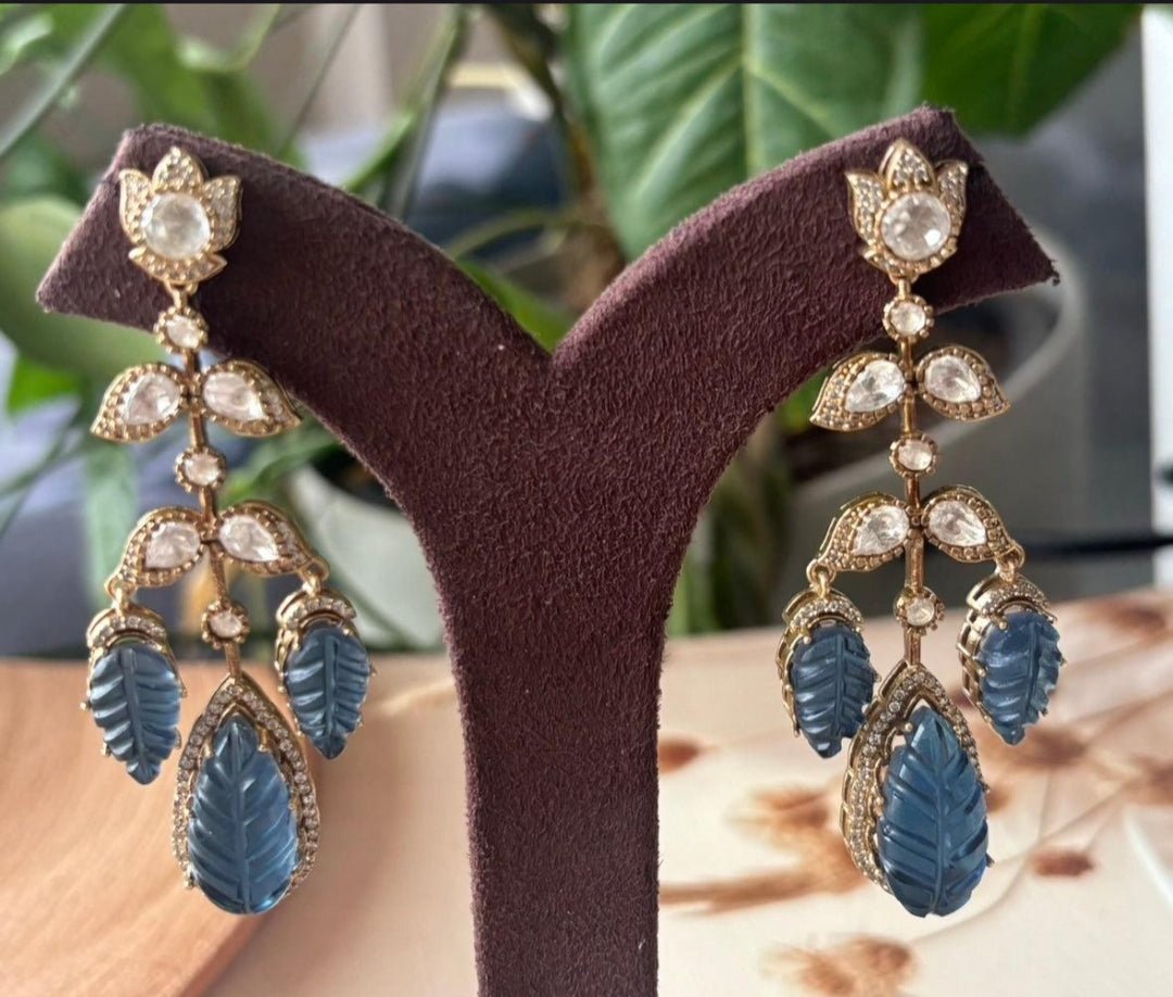 Polki & Blue Carved Stone Dangle Earrings | Gold Plated Long Drop Earrings | Luxury Party & Wedding Jewelry by NSJewelsCraft - nsjewelscraft