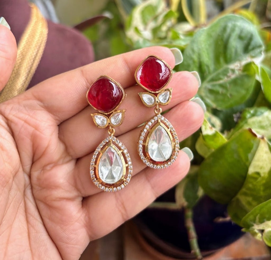 Polki & Red Stone Necklace Set Multi - Layer Chain with Earrings by NSJewelsCraft - nsjewelscraft