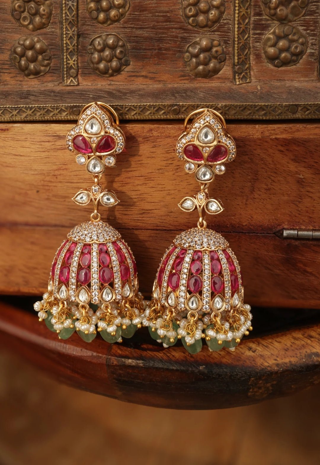 Handcrafted Kundan Jhumka Earrings | Traditional Gold Plated Jewelry with Pearls & Green Beads - Perfect for Weddings & Festivals - nsjewelscraft