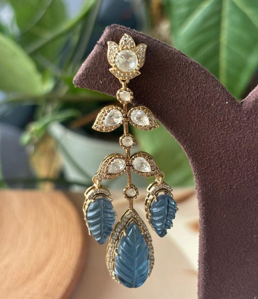 Polki & Blue Carved Stone Dangle Earrings | Gold Plated Long Drop Earrings | Luxury Party & Wedding Jewelry by NSJewelsCraft - nsjewelscraft
