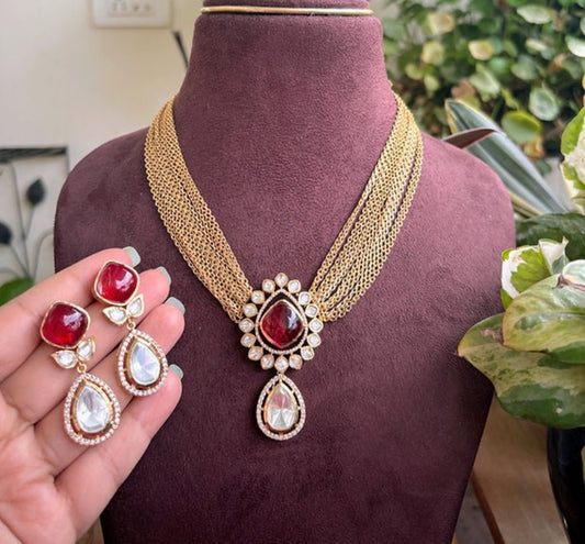 Polki & Red Stone Necklace Set Multi - Layer Chain with Earrings by NSJewelsCraft - nsjewelscraft