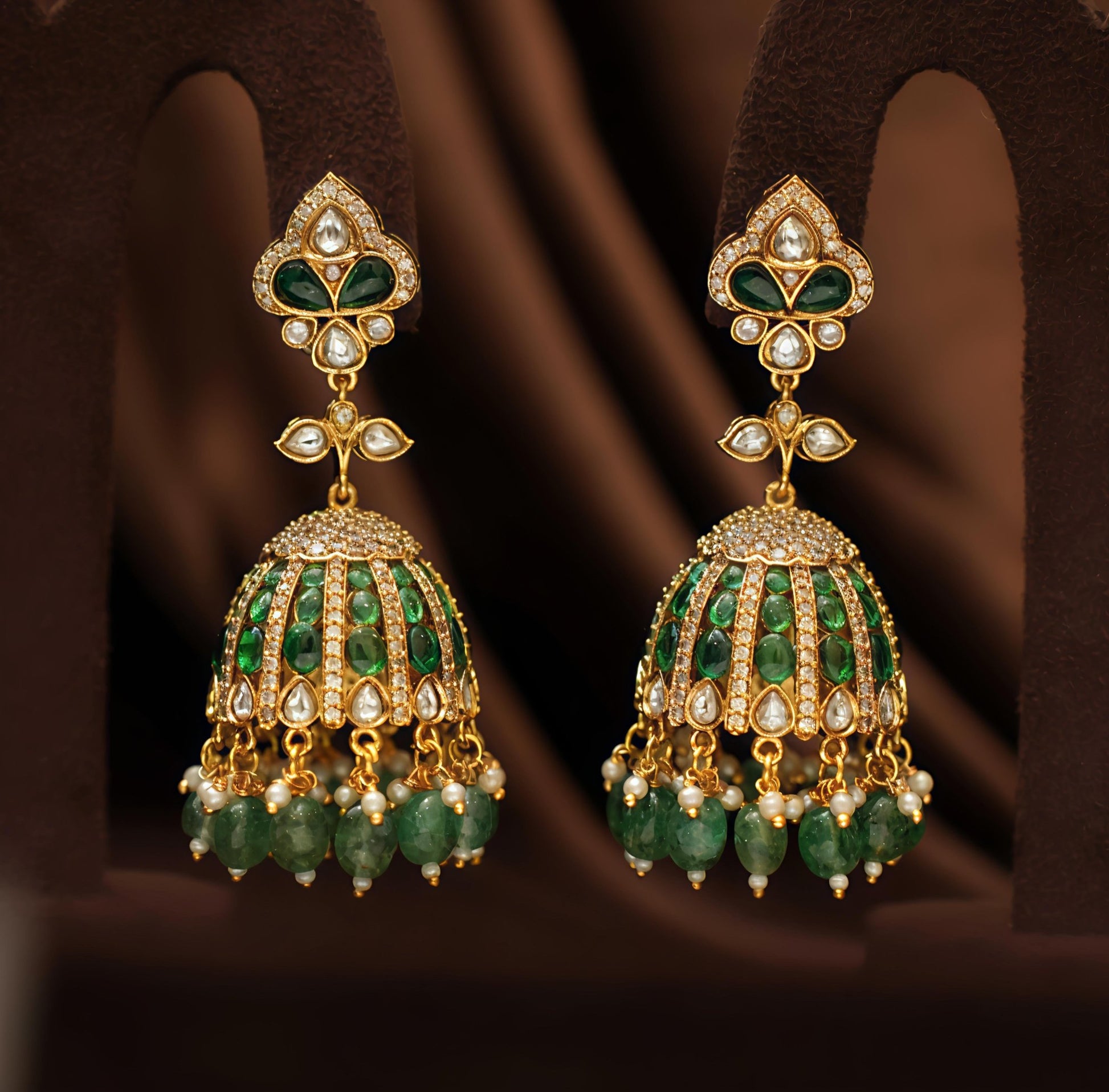 Royal Emerald & Kundan Gold - Plated Jhumka Earrings – Traditional Bridal Jewelry - nsjewelscraft